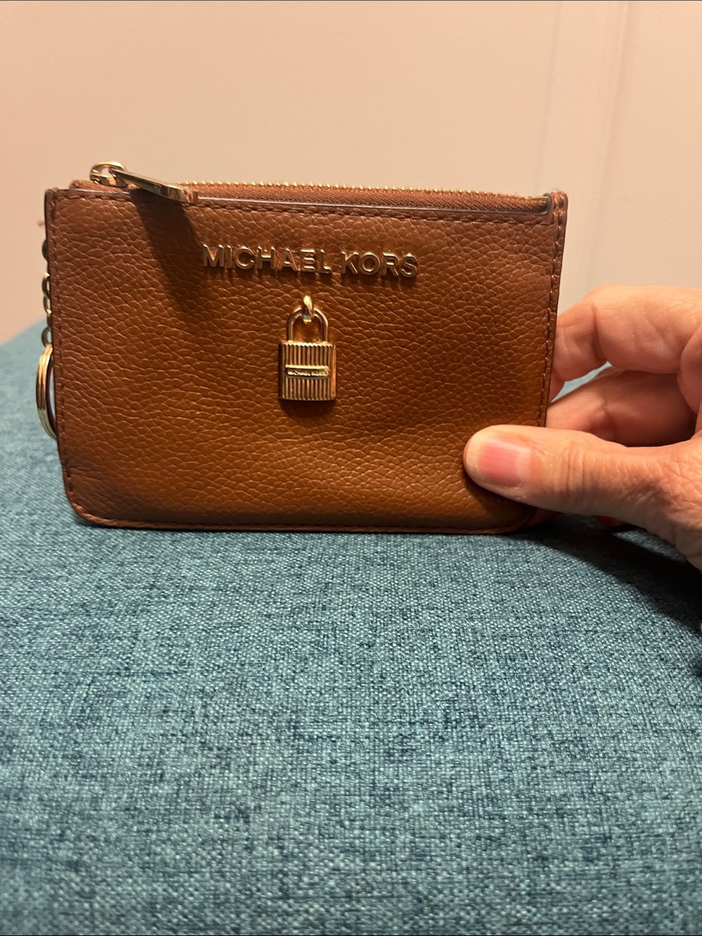 Michael Kors Cognac Leather Zip Card Case with Gold Lock Charm